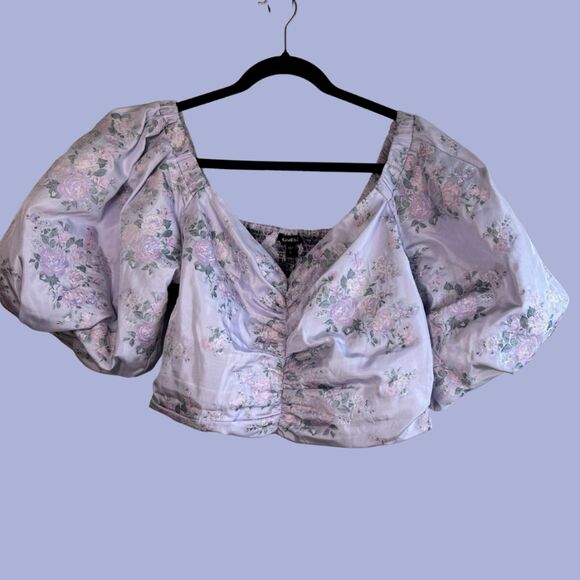 Express Floral Puffy Sleeve Cropped Ruched Cottagecore Top - Picture 1 of 7